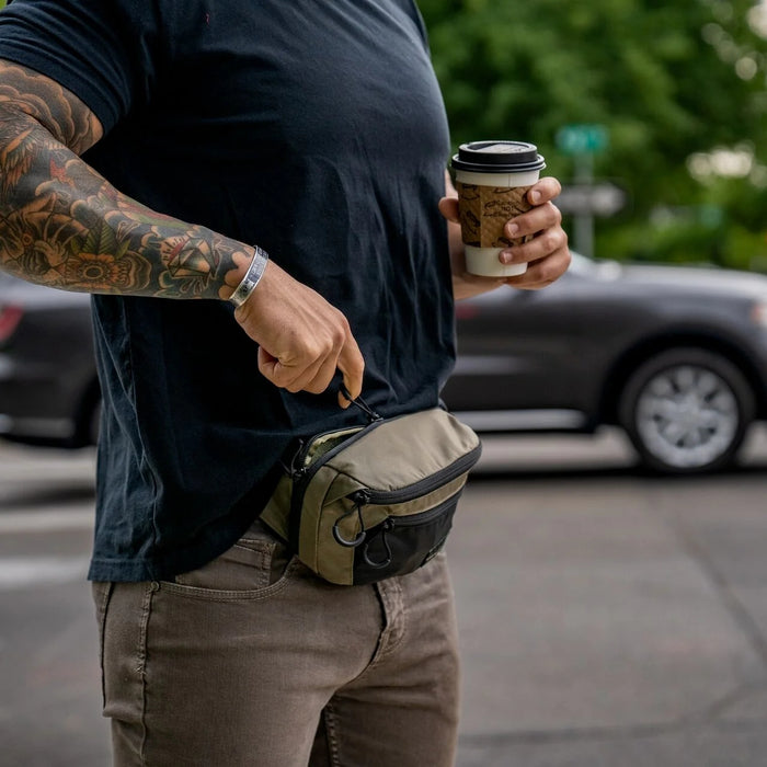 user using the eberlestock bando bag walking down the street
